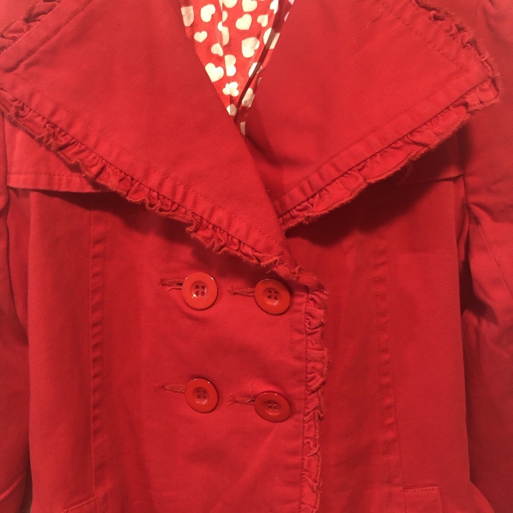 Aziz Women's M Red Double-Breasted Belted Jacket Ruffle Heart Lining Valentines - Picture 6 of 16